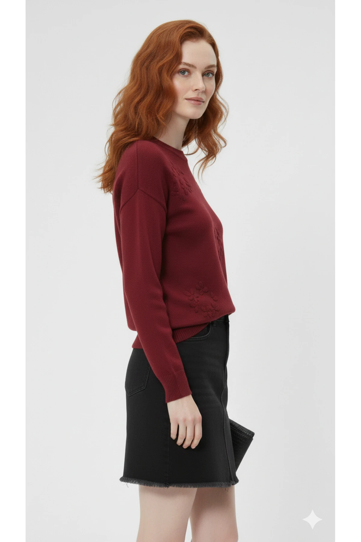 El İşi Çiçek İşlemeli Kadın Triko Kazak - Bordo