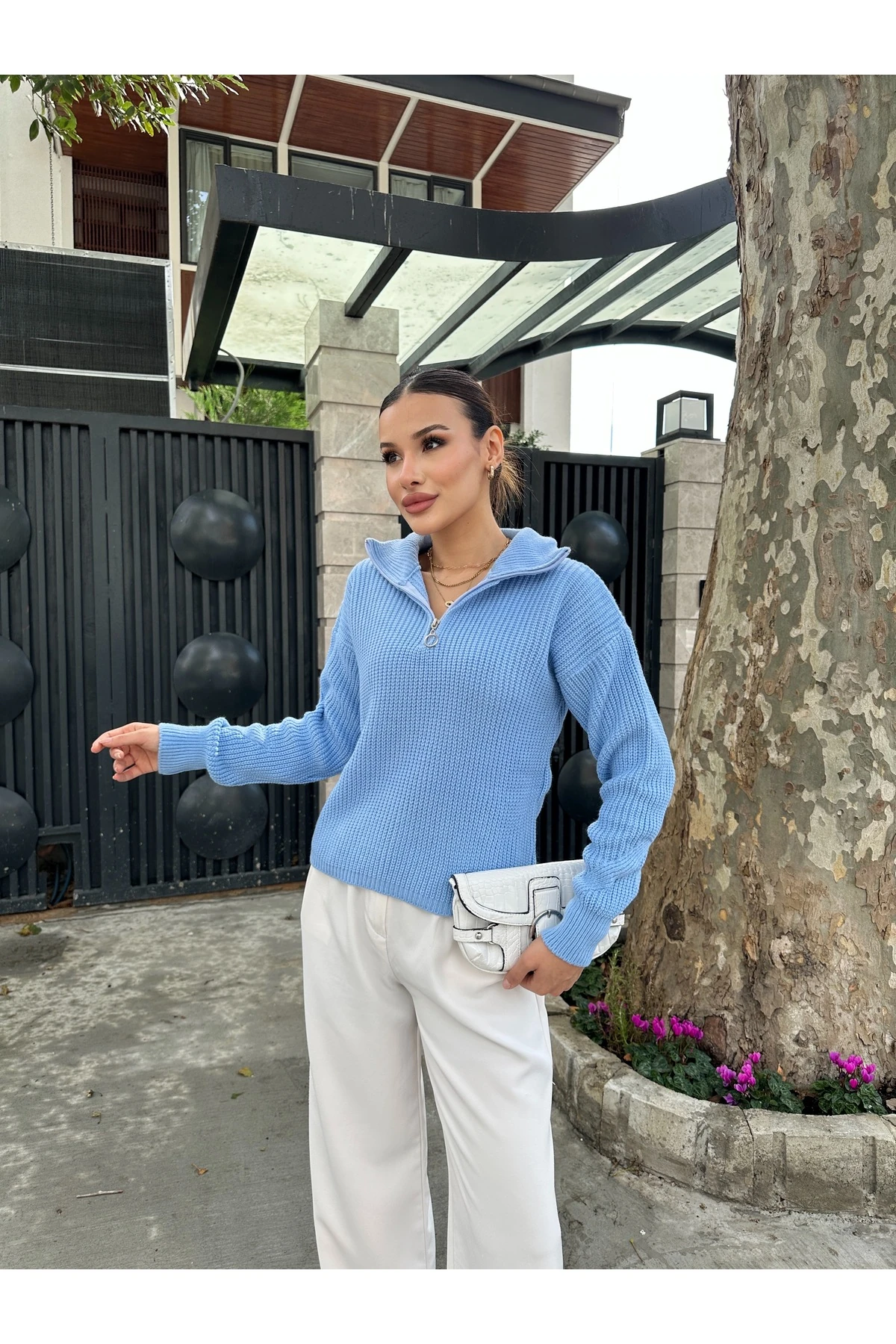 Fermuarlı Triko Kazak - Mavi