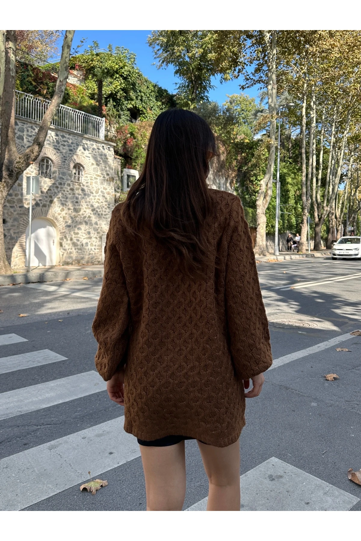 Bisiklet Yaka Dokulu Triko Tunik - Kahverengi