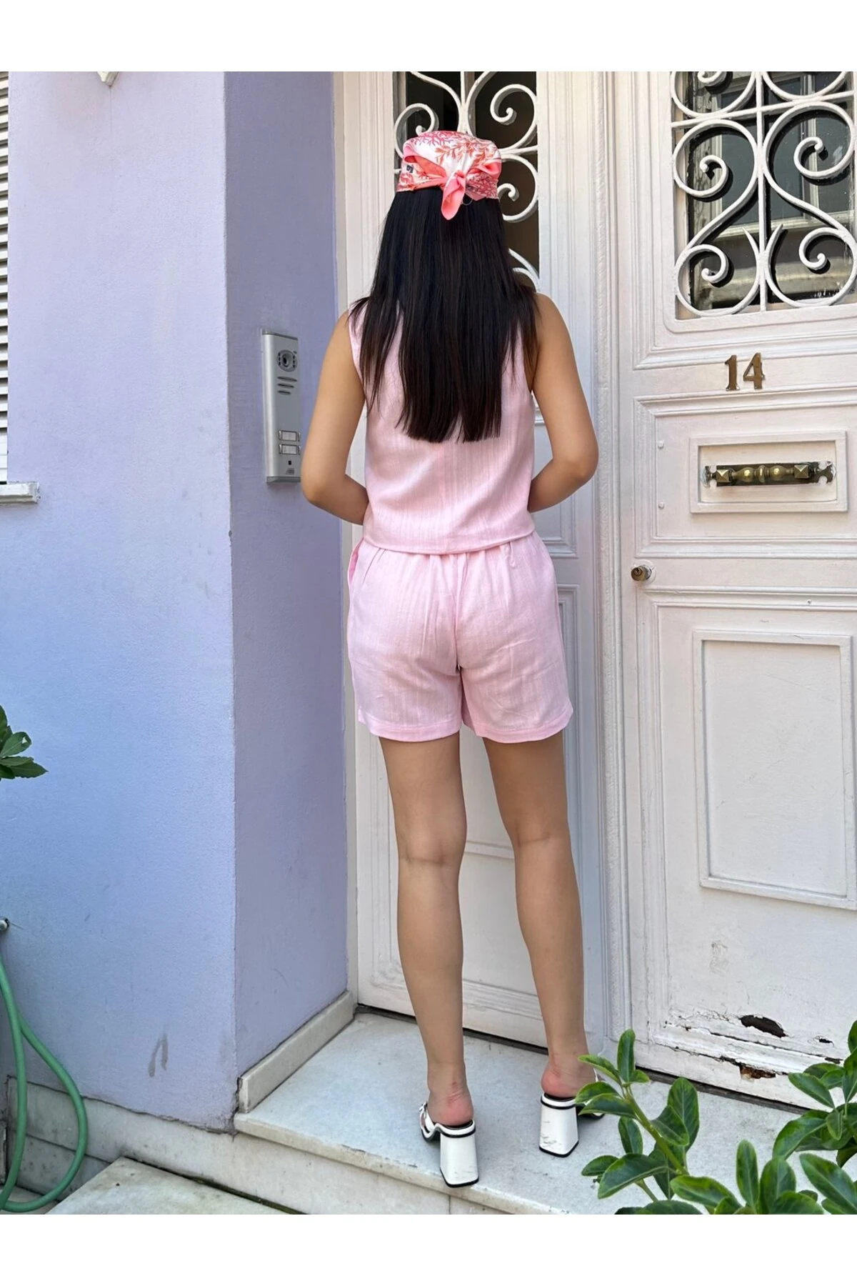 Keten Şortlu Takım - Pudra
