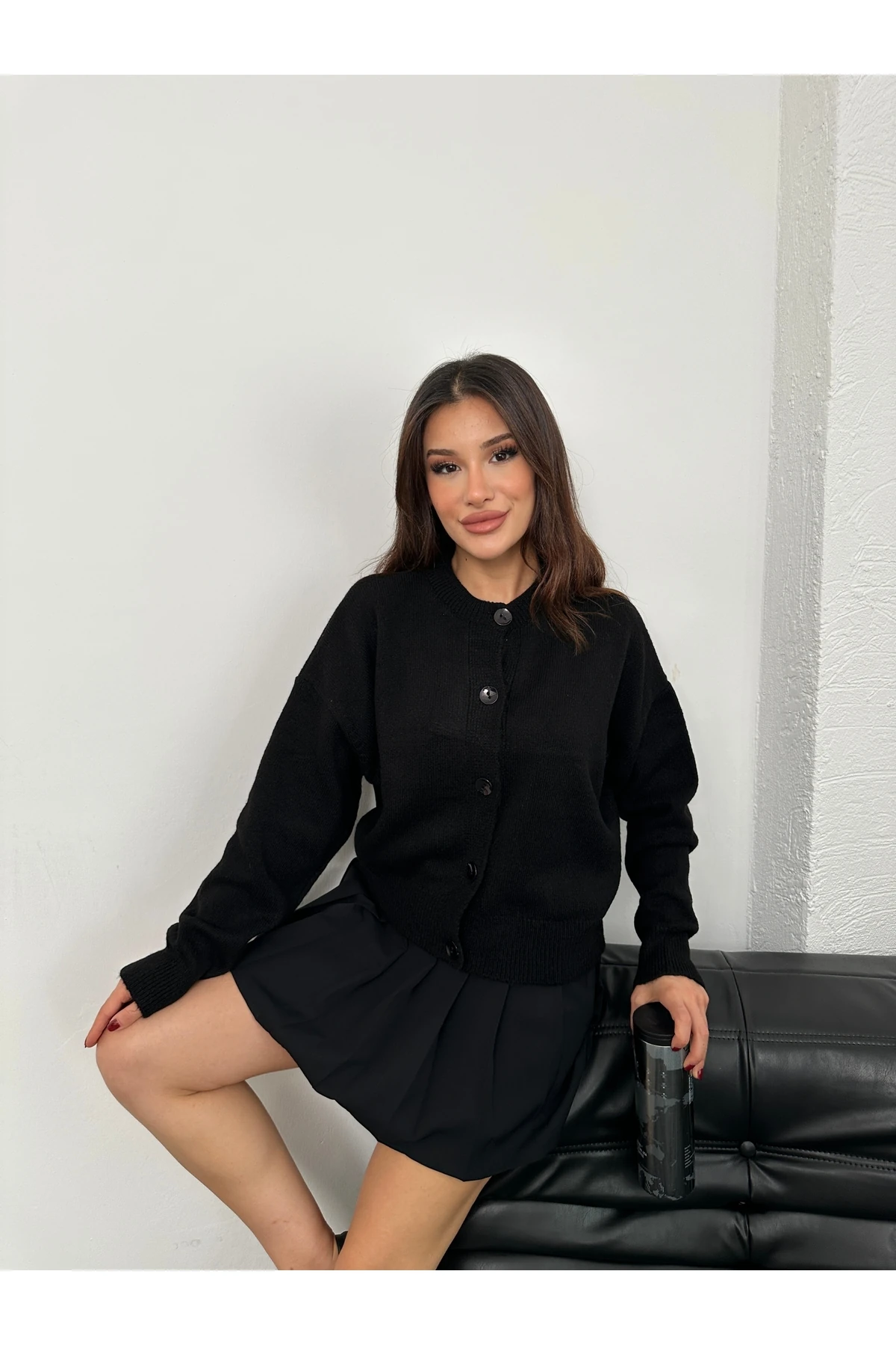 Basic Düğmeli Antrasit Triko Hırka - Siyah