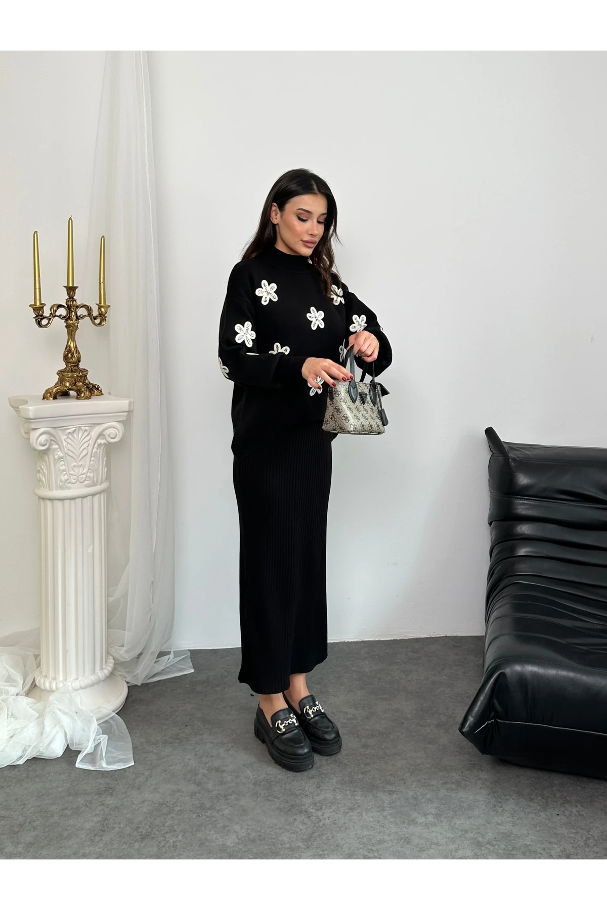 Papatya Desen Triko Takım - Siyah