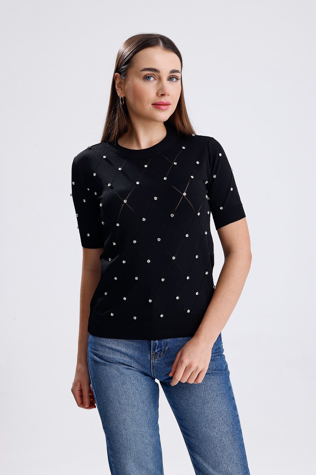 Taşlı T-shirt - Siyah
