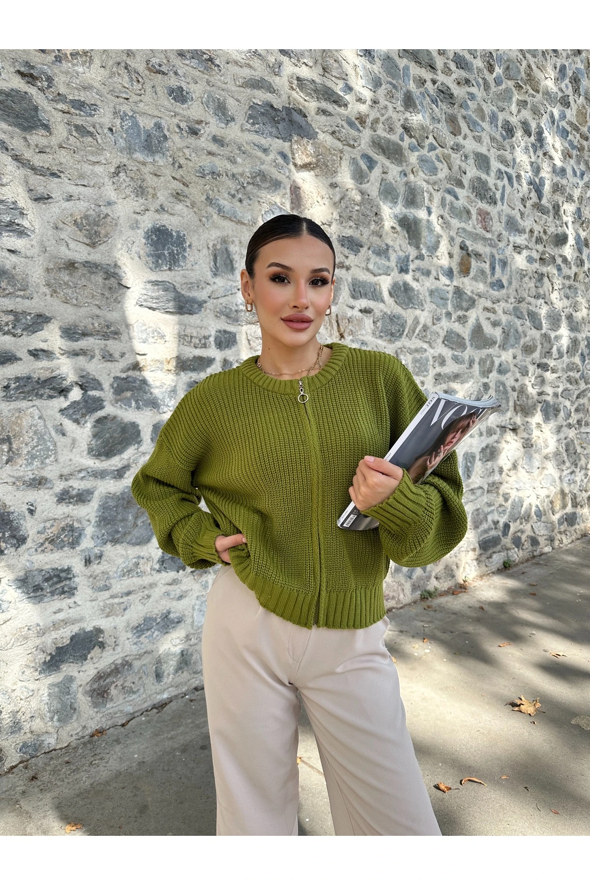 Kadın Fermuarlı Triko Hırka - yosun yeşili