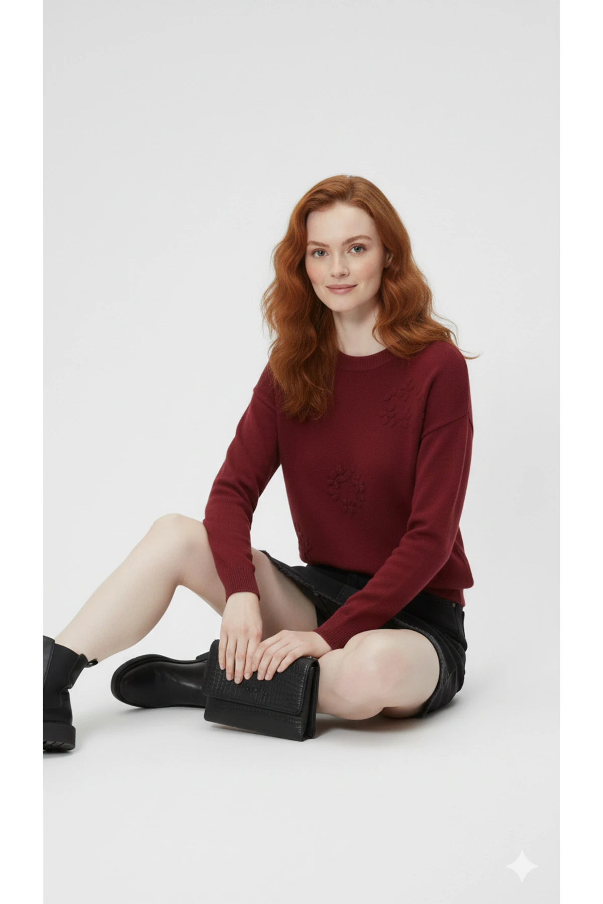 El İşi Çiçek İşlemeli Kadın Triko Kazak - Bordo