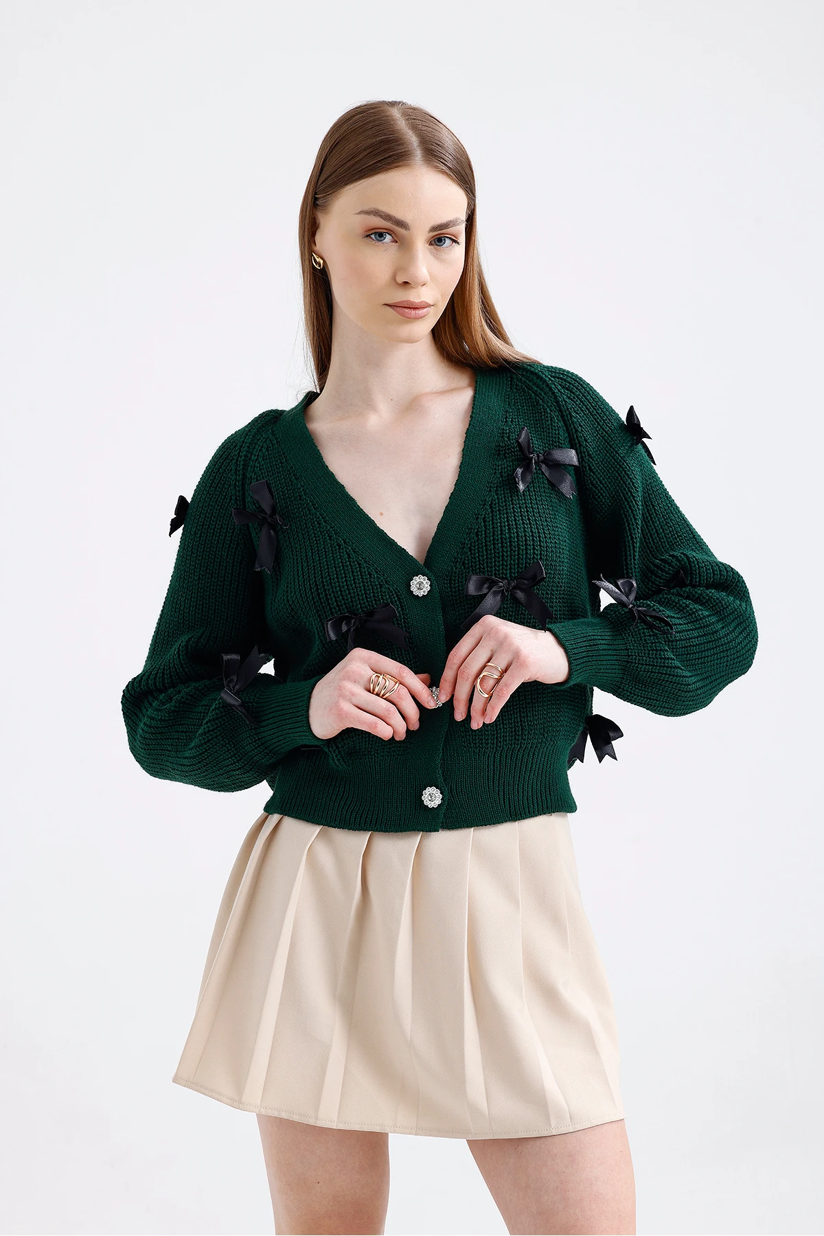 Fiyonklu Triko Hırka - Zümrüt