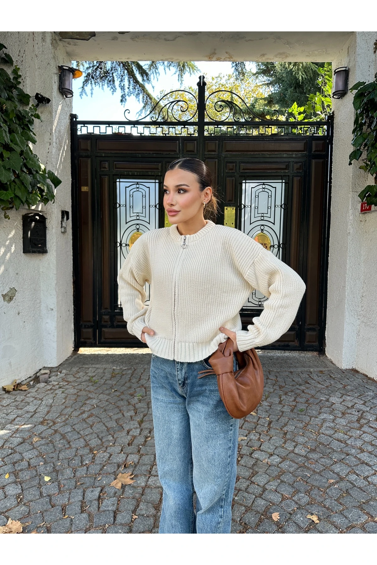 Kadın Fermuarlı Triko Hırka - Krem