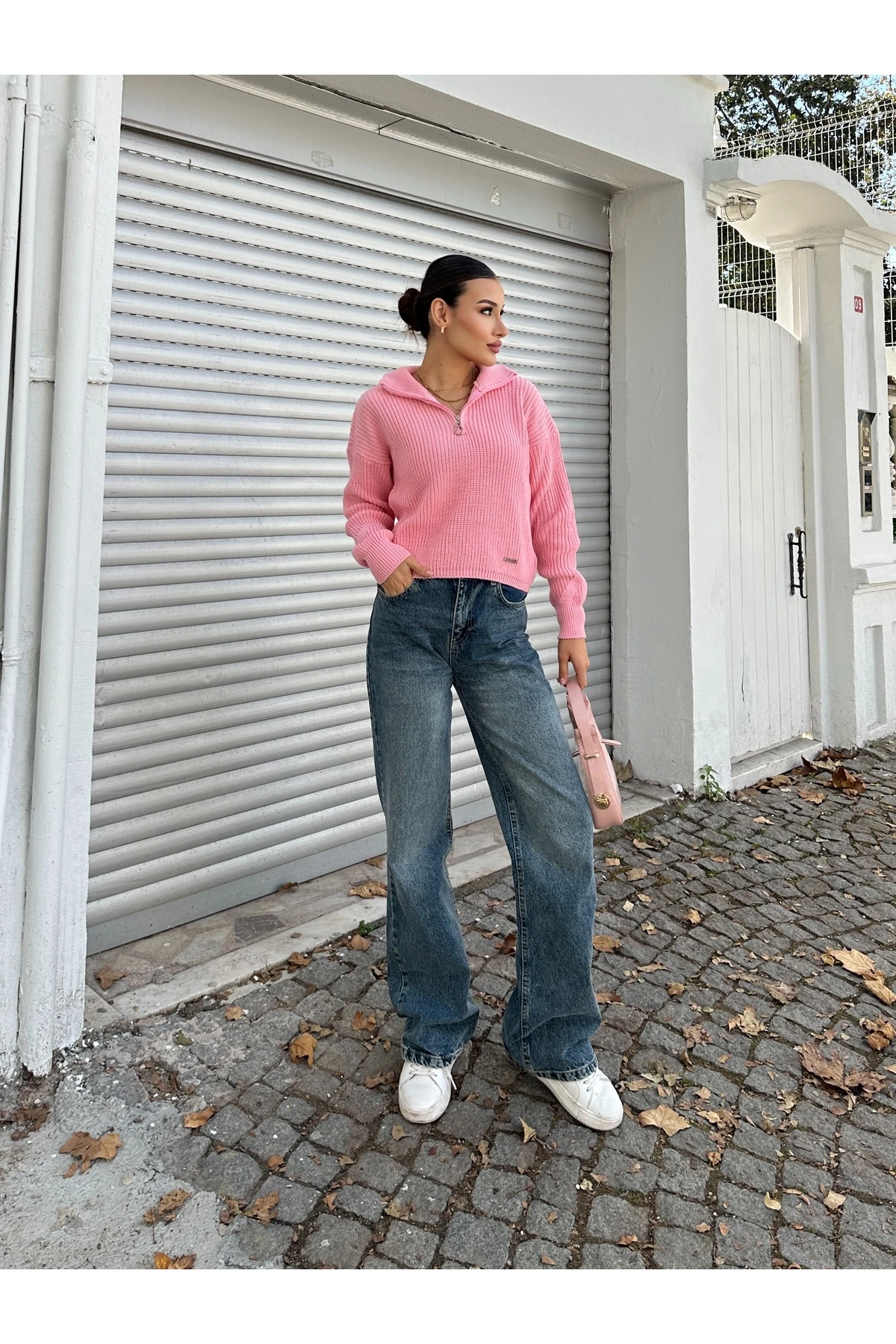 Fermuarlı Triko Kazak - Pembe