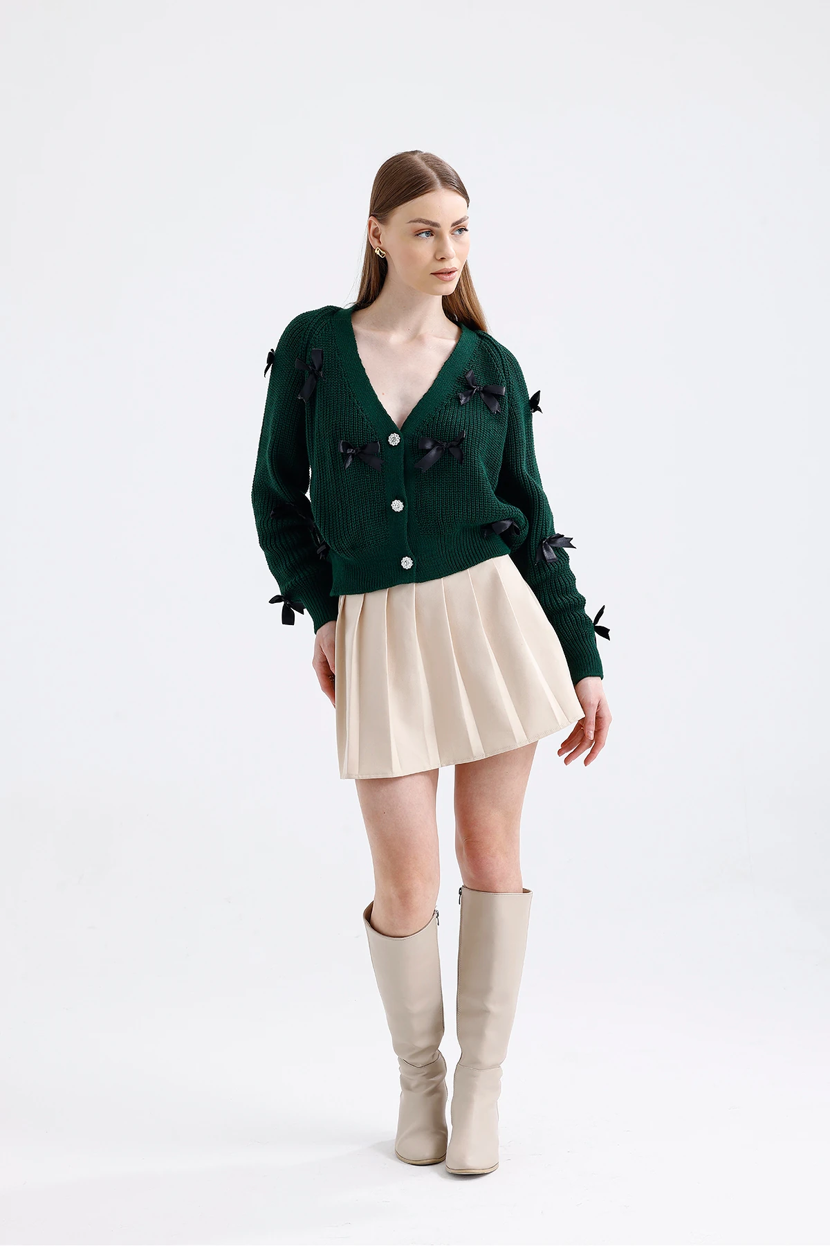 Fiyonklu Triko Hırka - Zümrüt