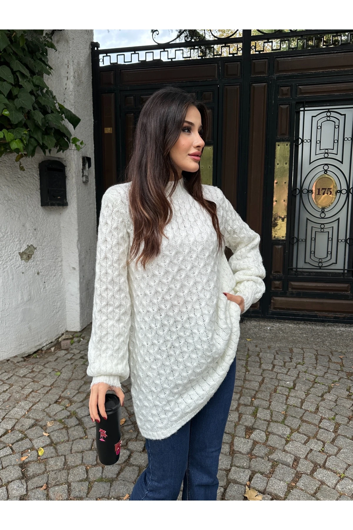 Bisiklet Yaka Dokulu Triko Tunik - Beyaz