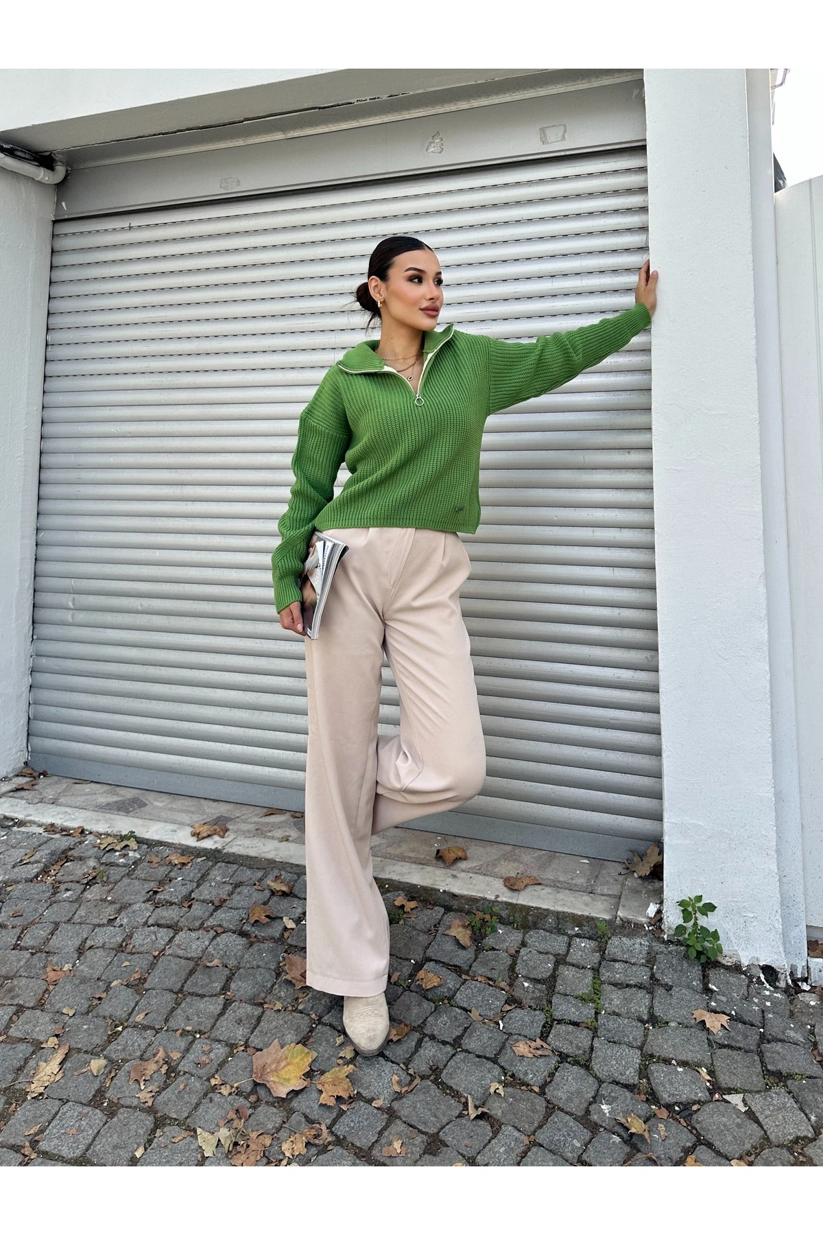 Fermuarlı Triko Kazak - Yeşil