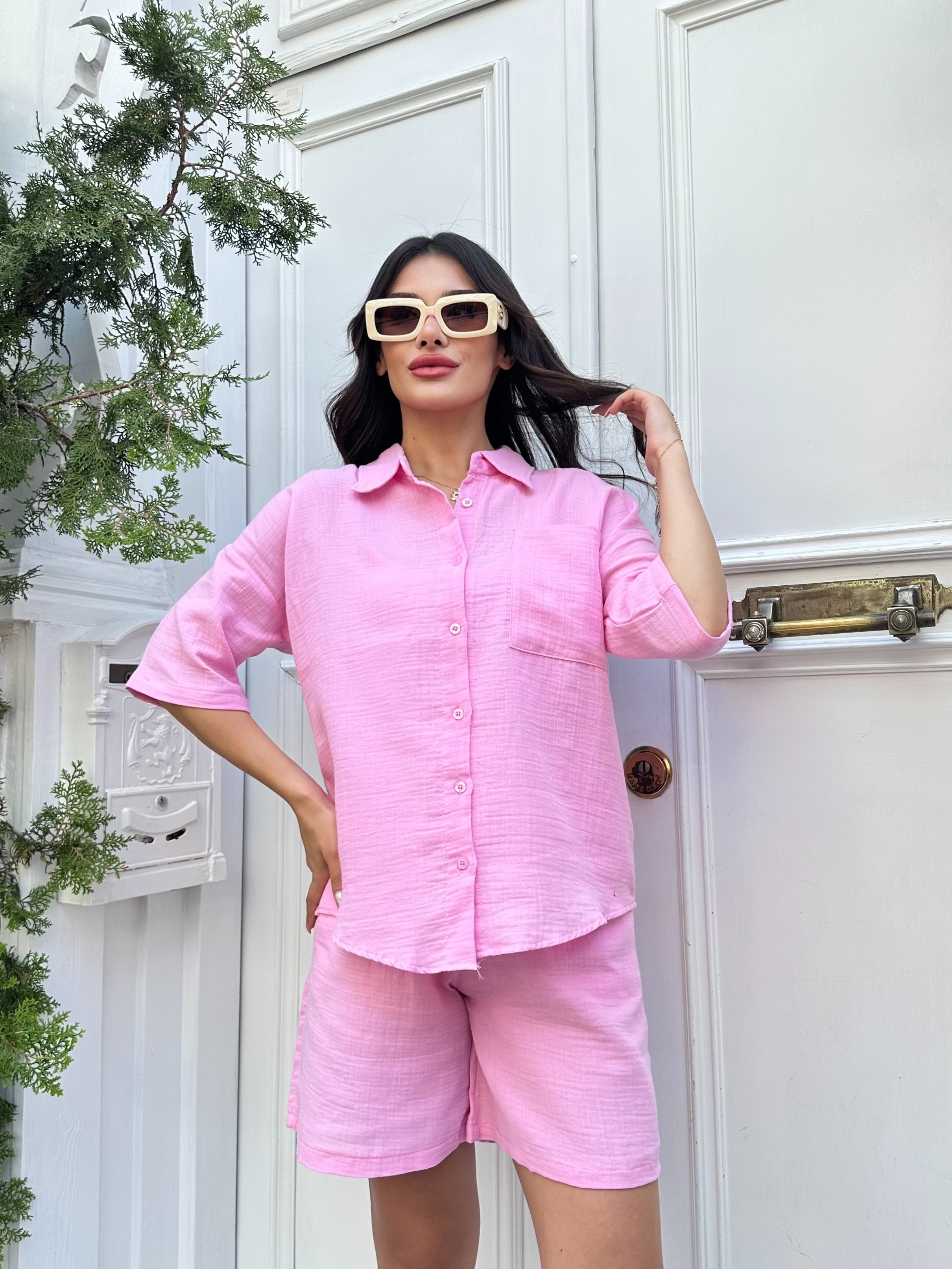 Müslin Kumaş Şortlu Takım - Pembe