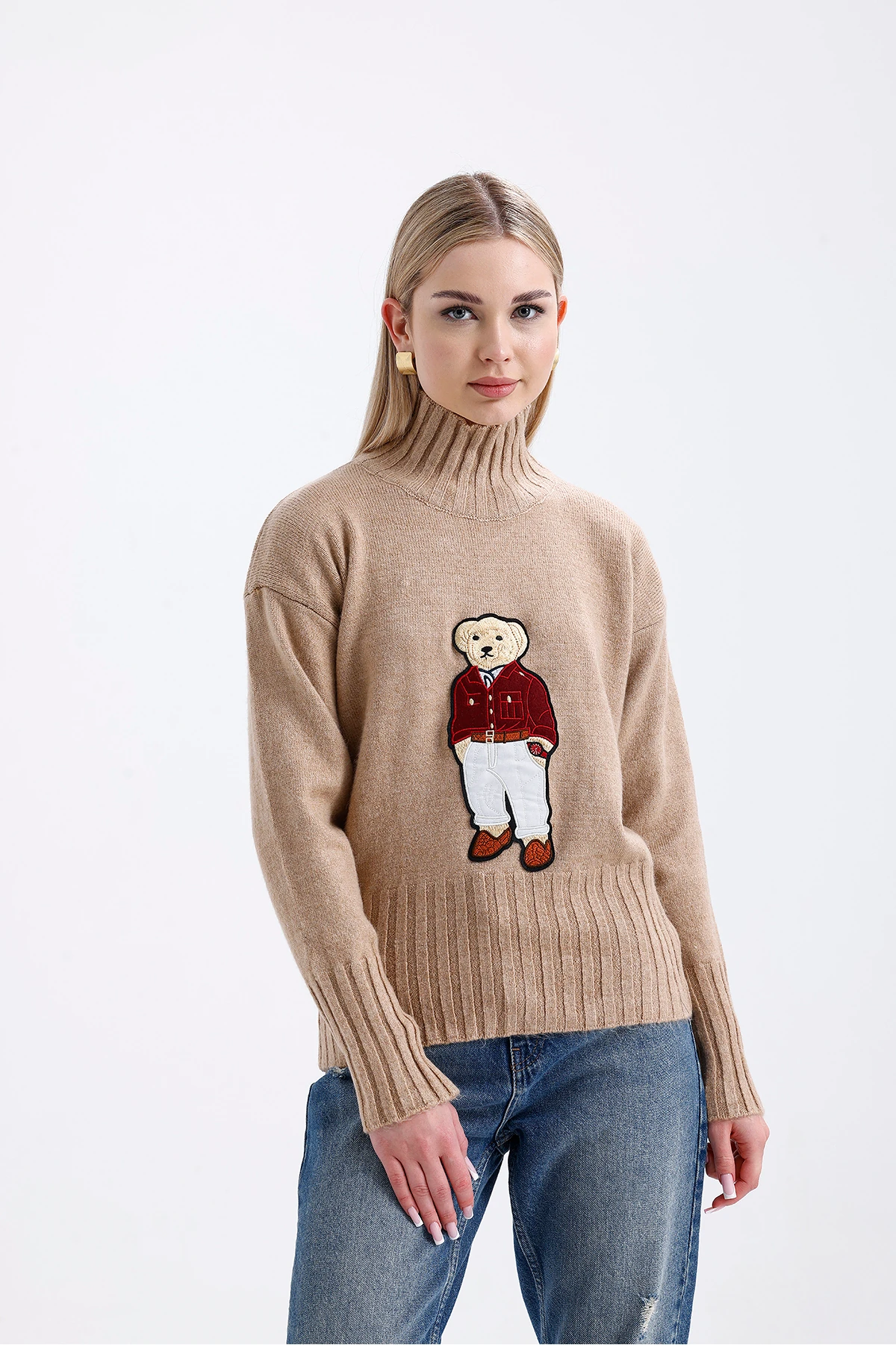 Balıkçı Yaka Ayıcıklı Triko Kazak