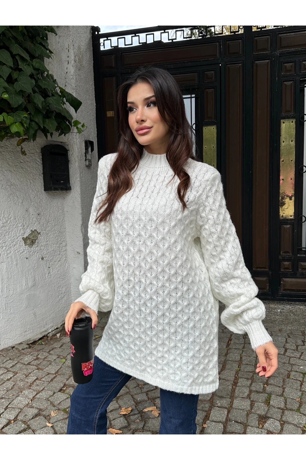 Bisiklet Yaka Dokulu Triko Tunik - Beyaz