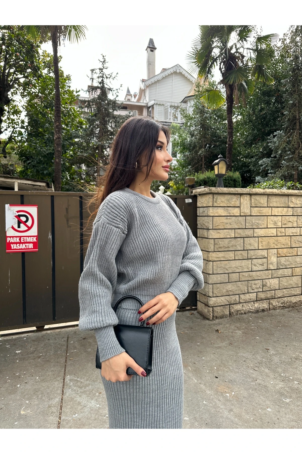 Selanik Örgü İkili Takım - Koyu Gri