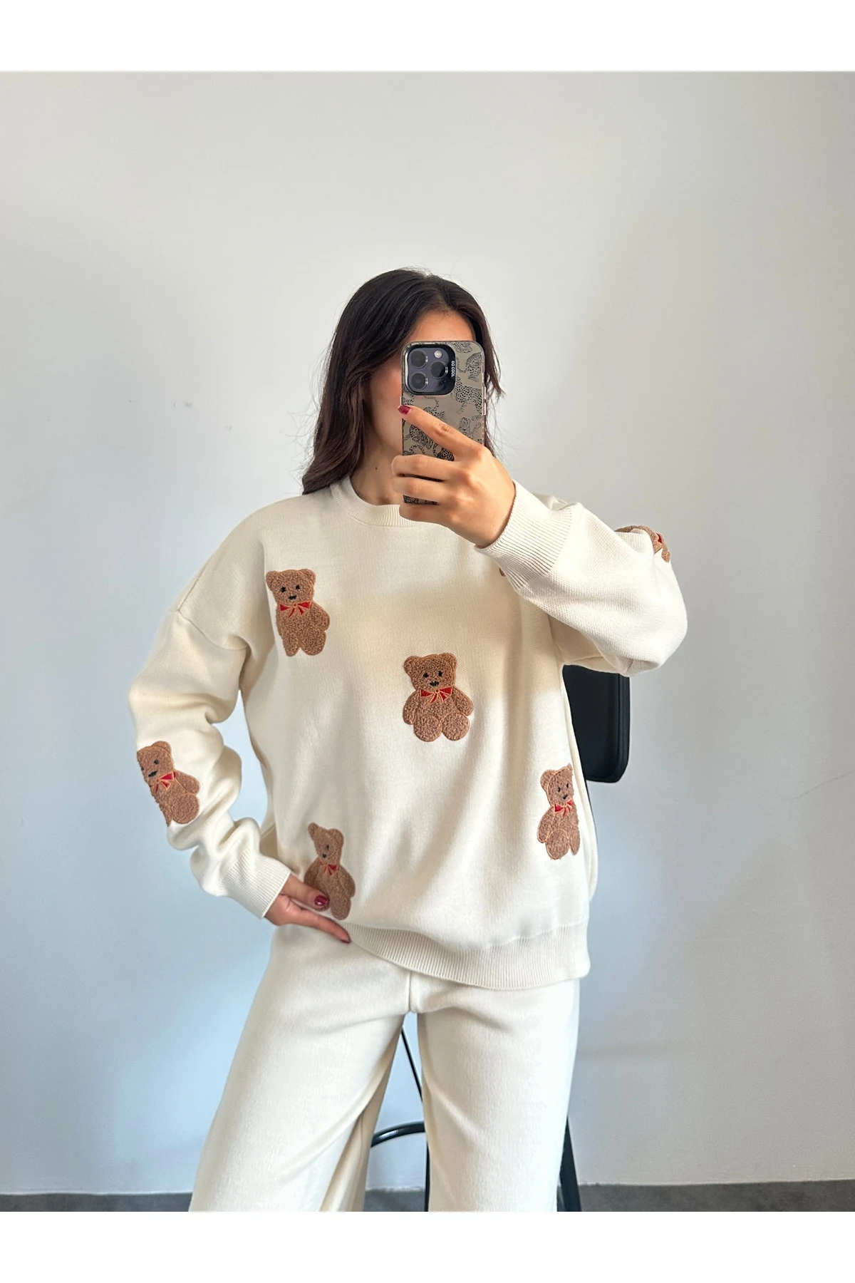 Ayıcıklı Triko Takım - Krem