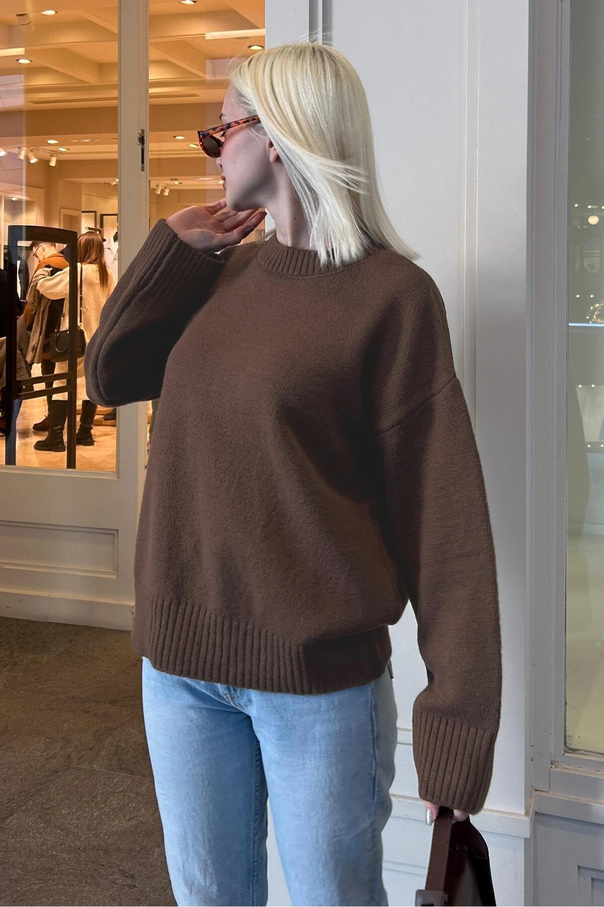 Antrasit Bisiklet Yaka Oversize Triko Kazak - Kahverengi