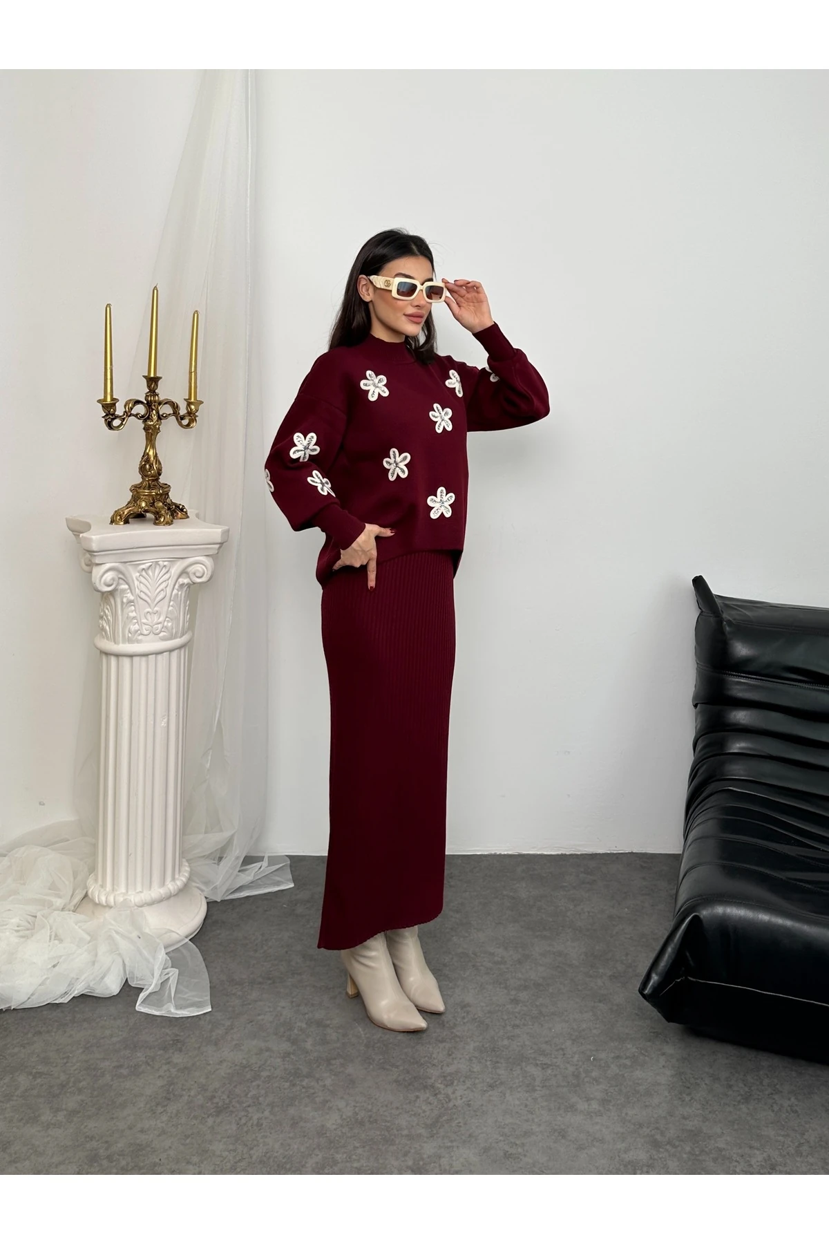 Papatya Desen Triko Takım - Bordo