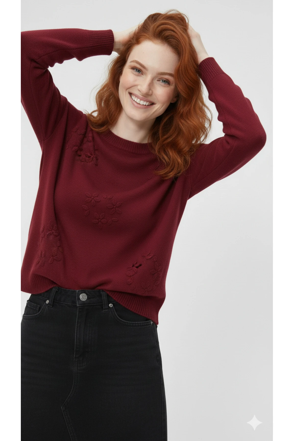 El İşi Çiçek İşlemeli Kadın Triko Kazak - Bordo