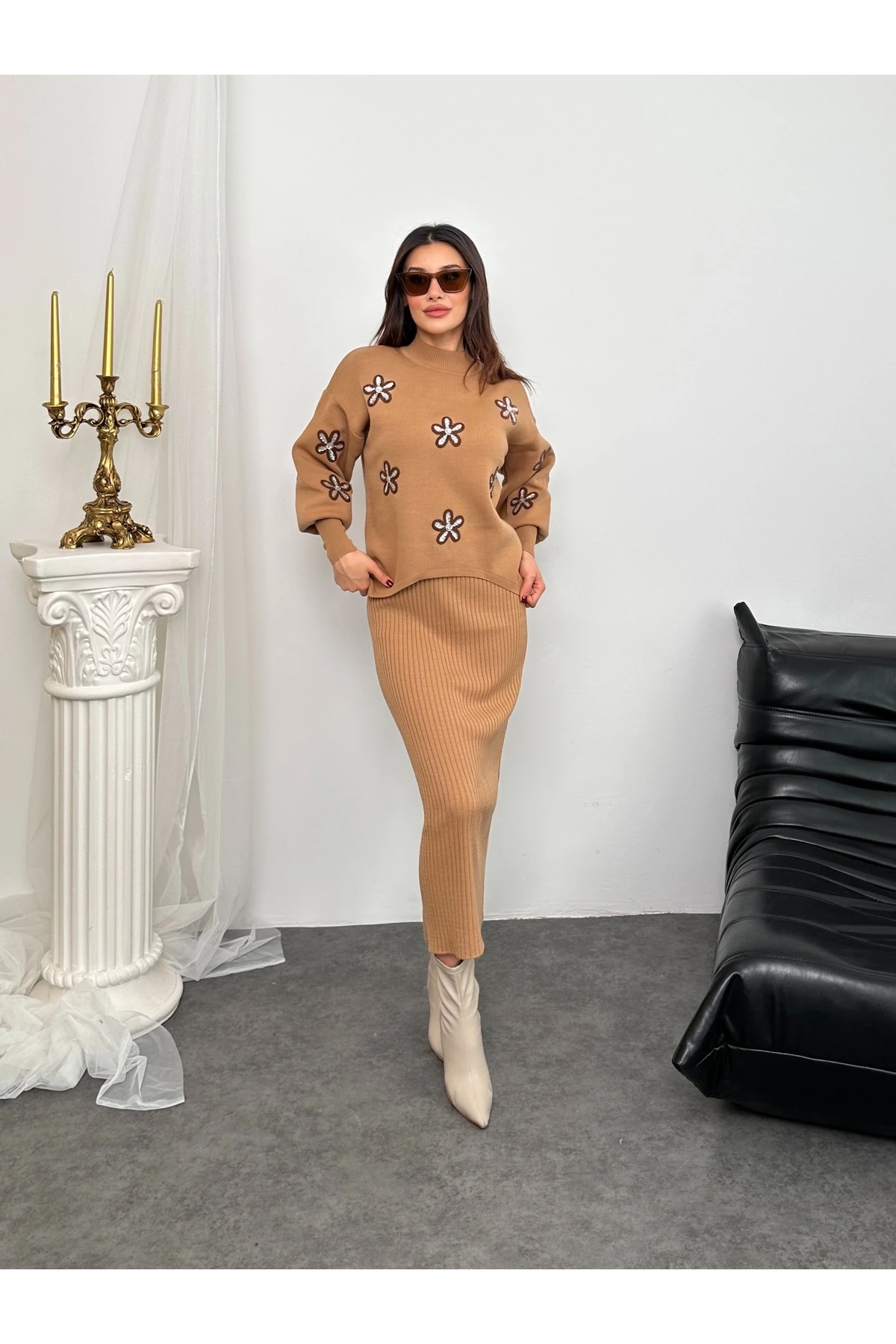 Papatya Desen Triko Takım - Bej