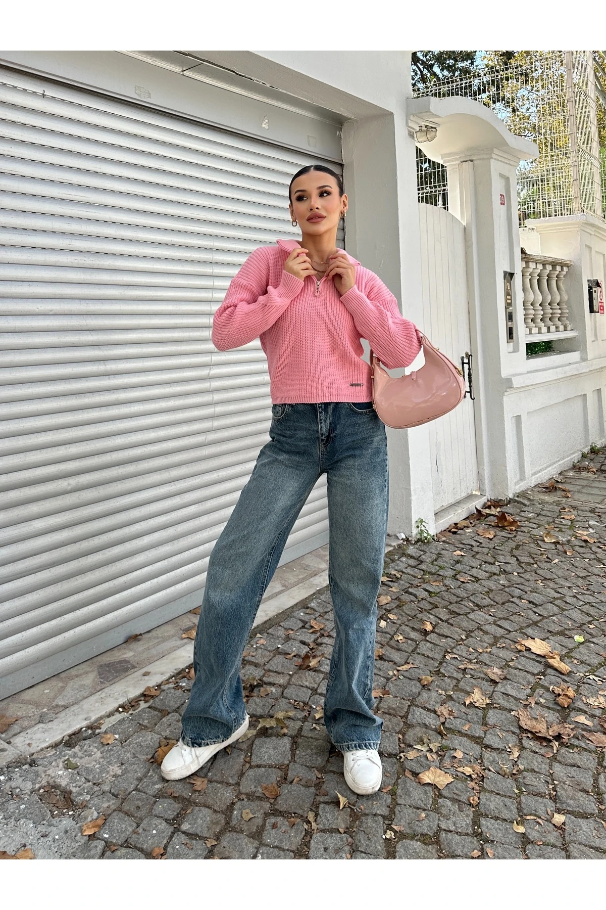 Fermuarlı Triko Kazak - Pembe