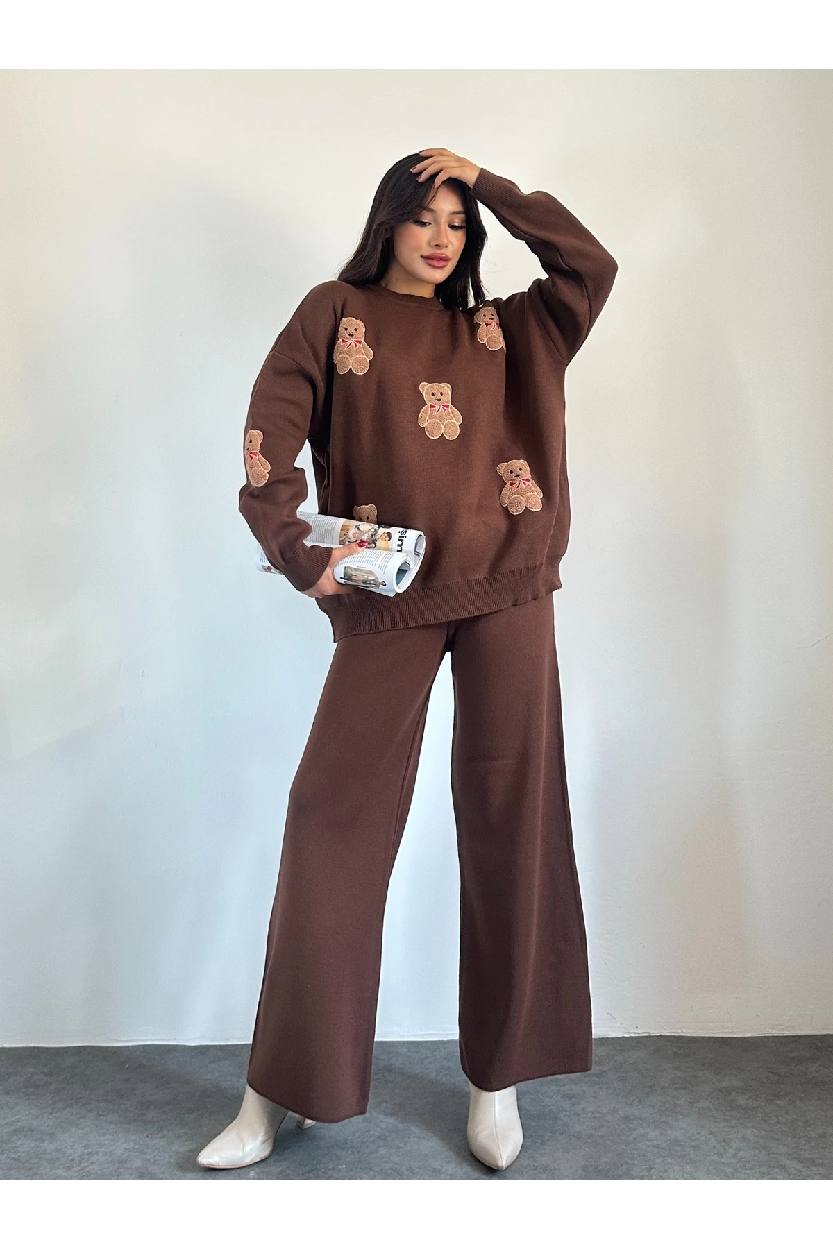 Ayıcıklı Triko Takım - acı kahve