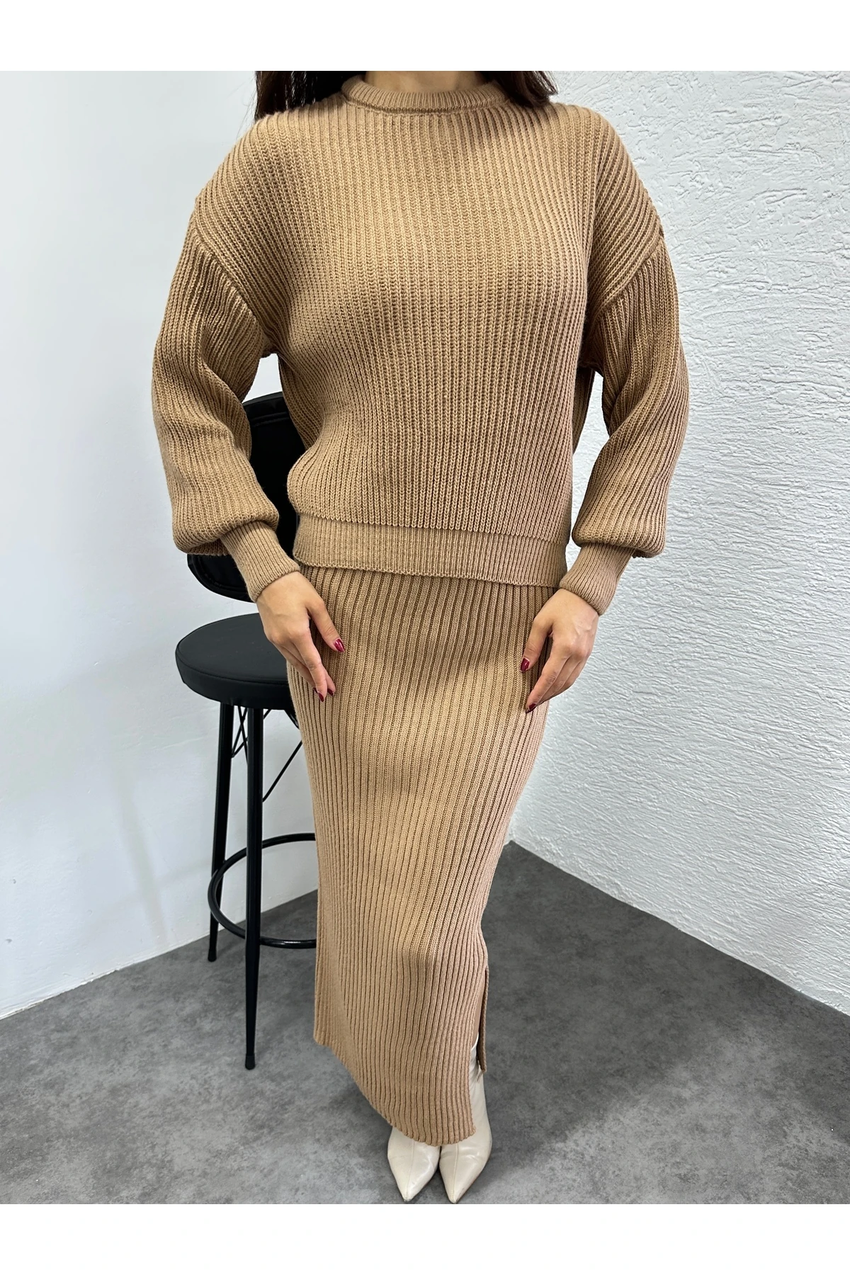 Selanik Örgü İkili Takım - Karamel