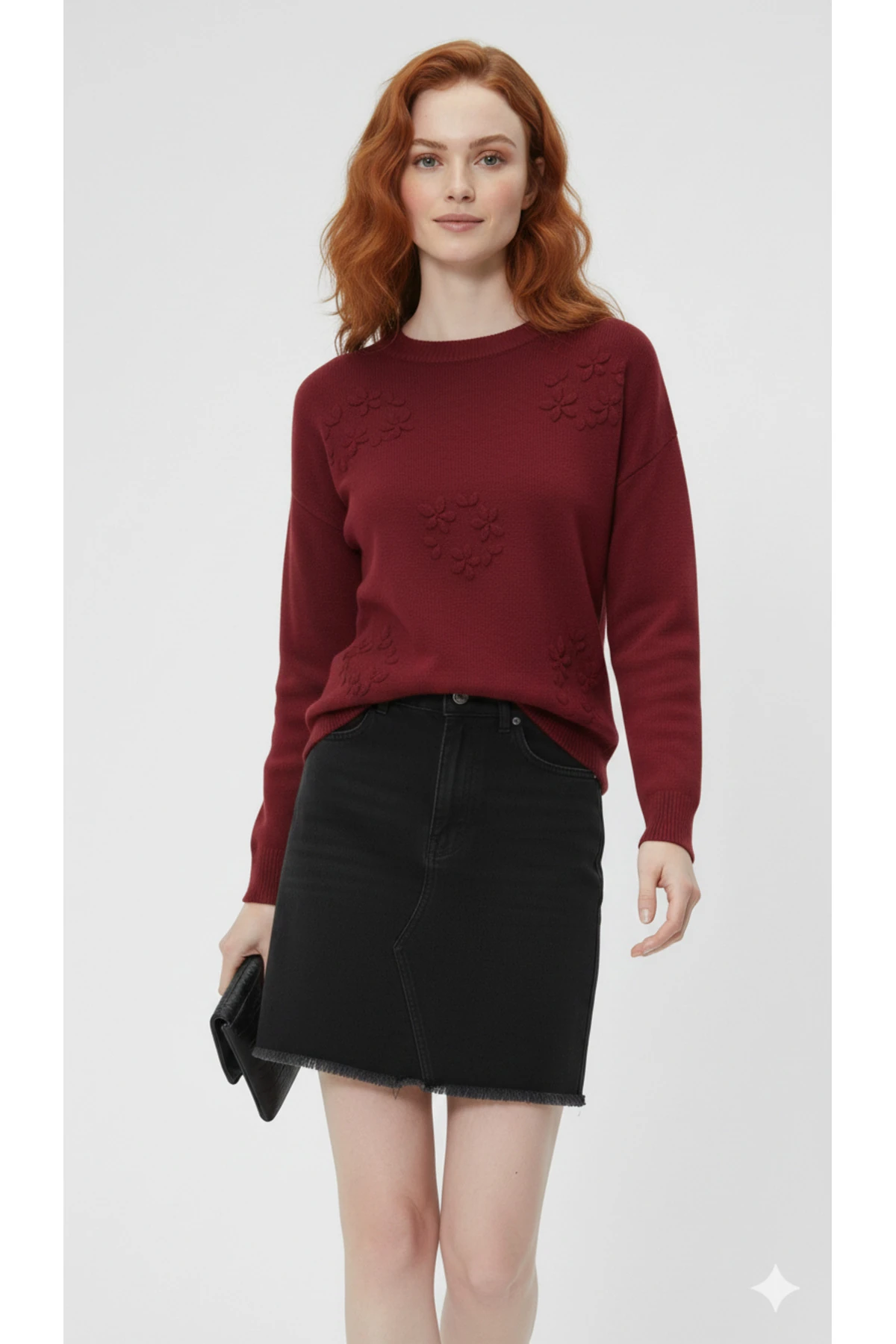 El İşi Çiçek İşlemeli Kadın Triko Kazak - Bordo