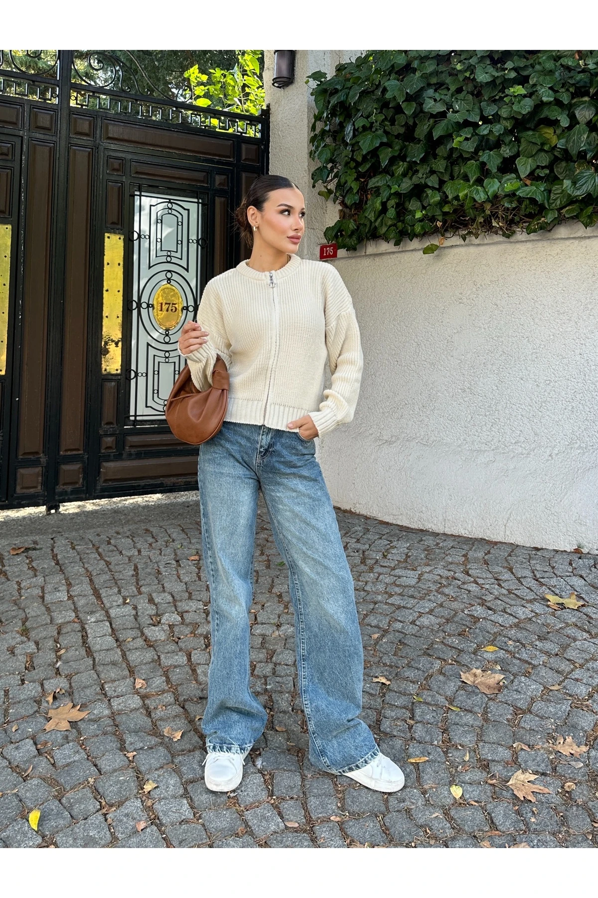 Kadın Fermuarlı Triko Hırka - Krem