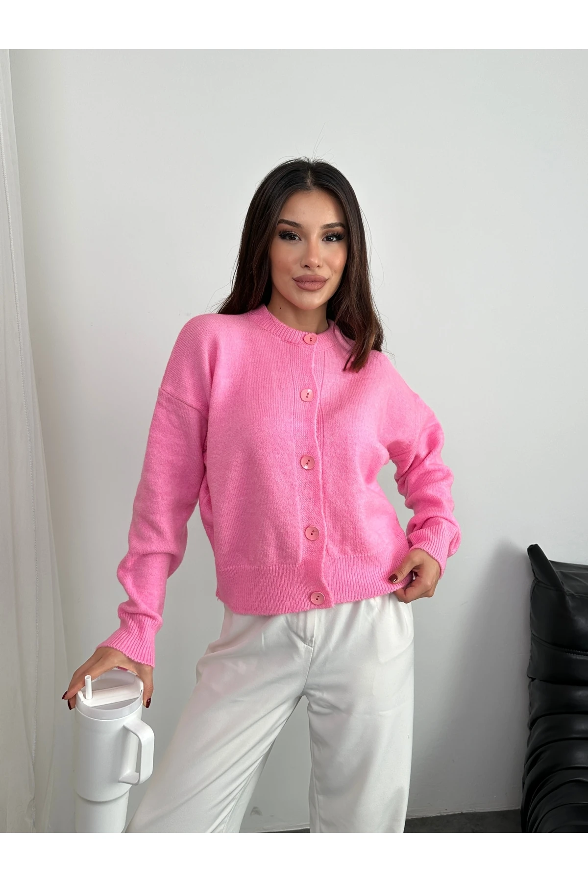 Basic Düğmeli Antrasit Triko Hırka - Pembe