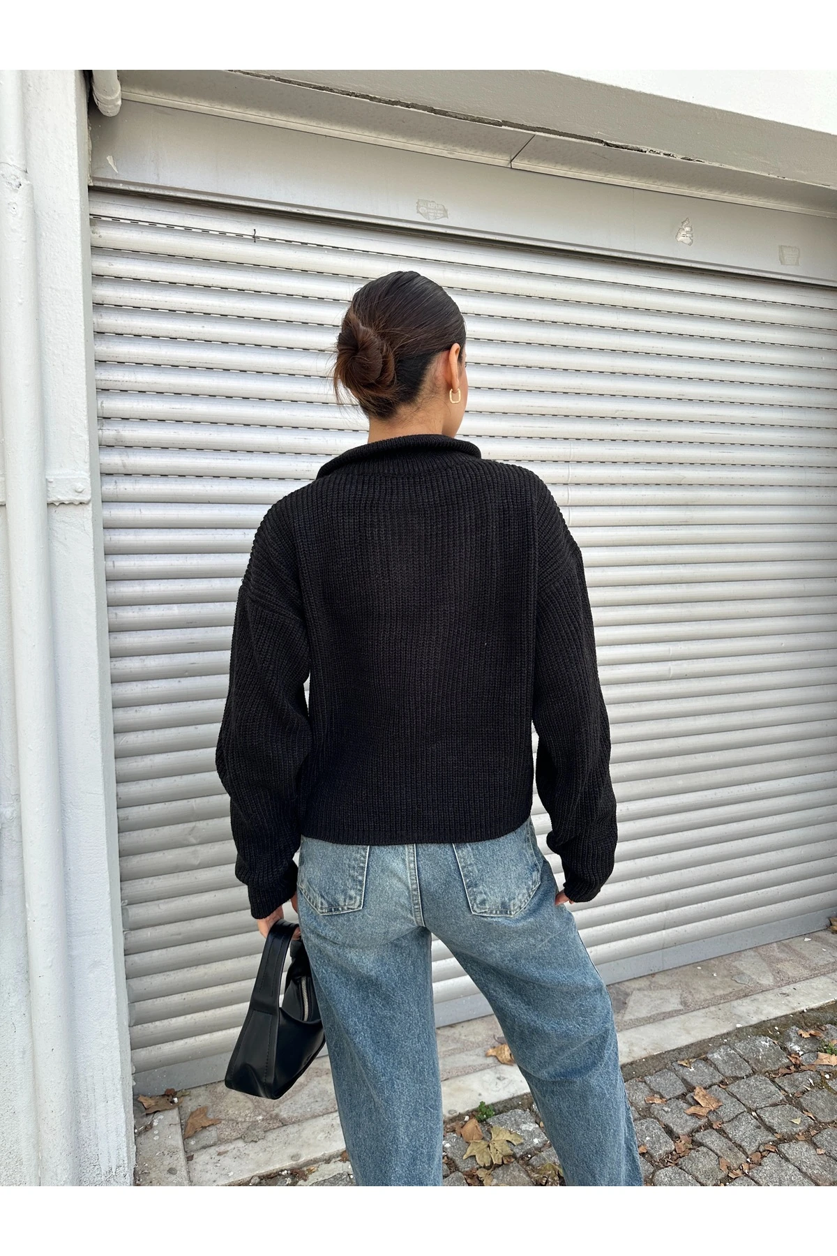 Fermuarlı Triko Kazak - Siyah