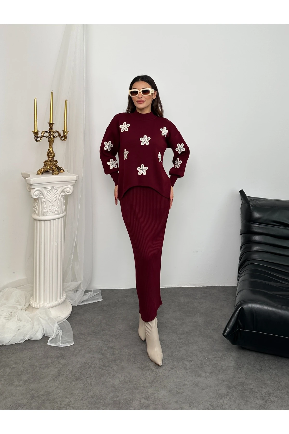 Papatya Desen Triko Takım - Bordo