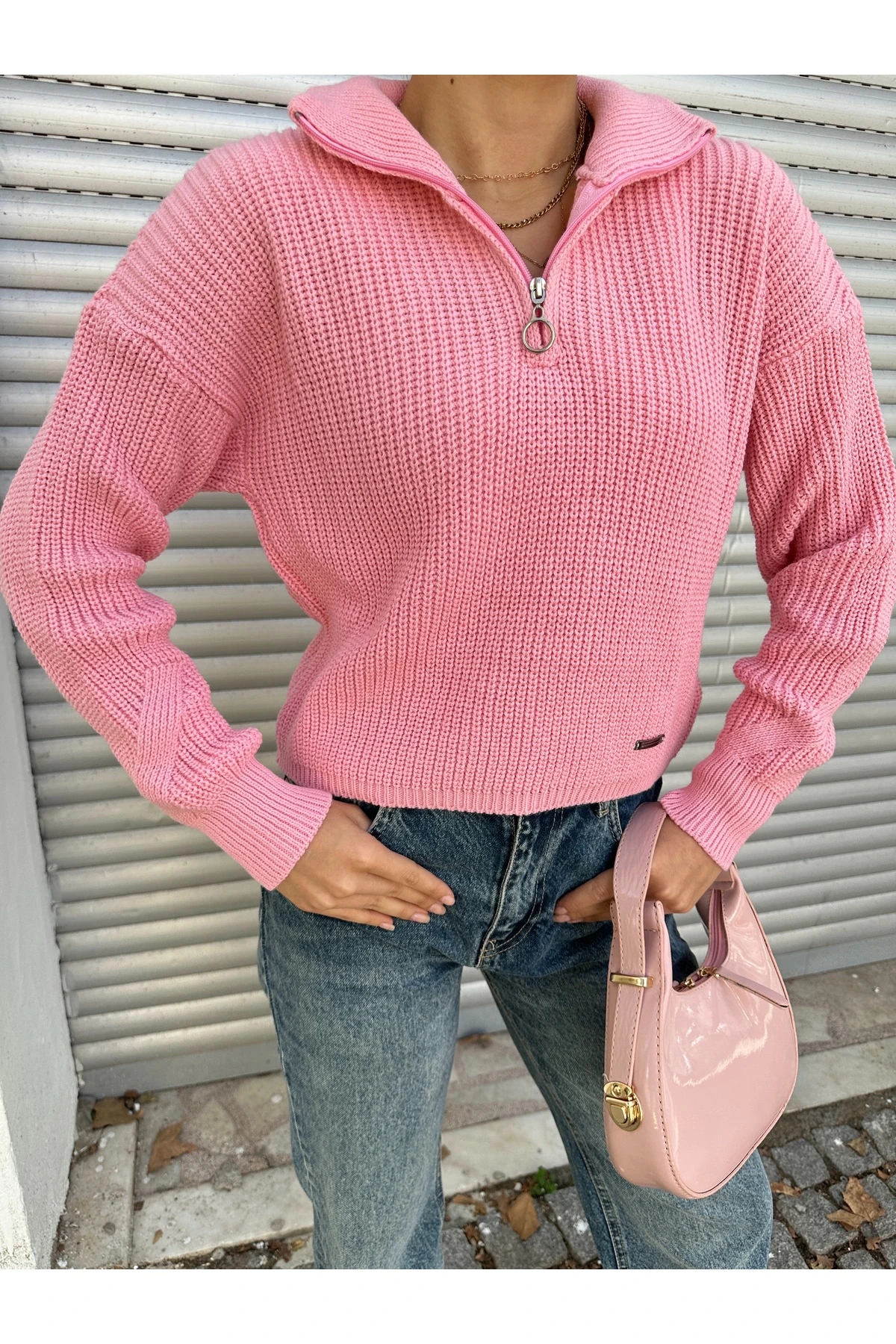 Fermuarlı Triko Kazak - Pembe