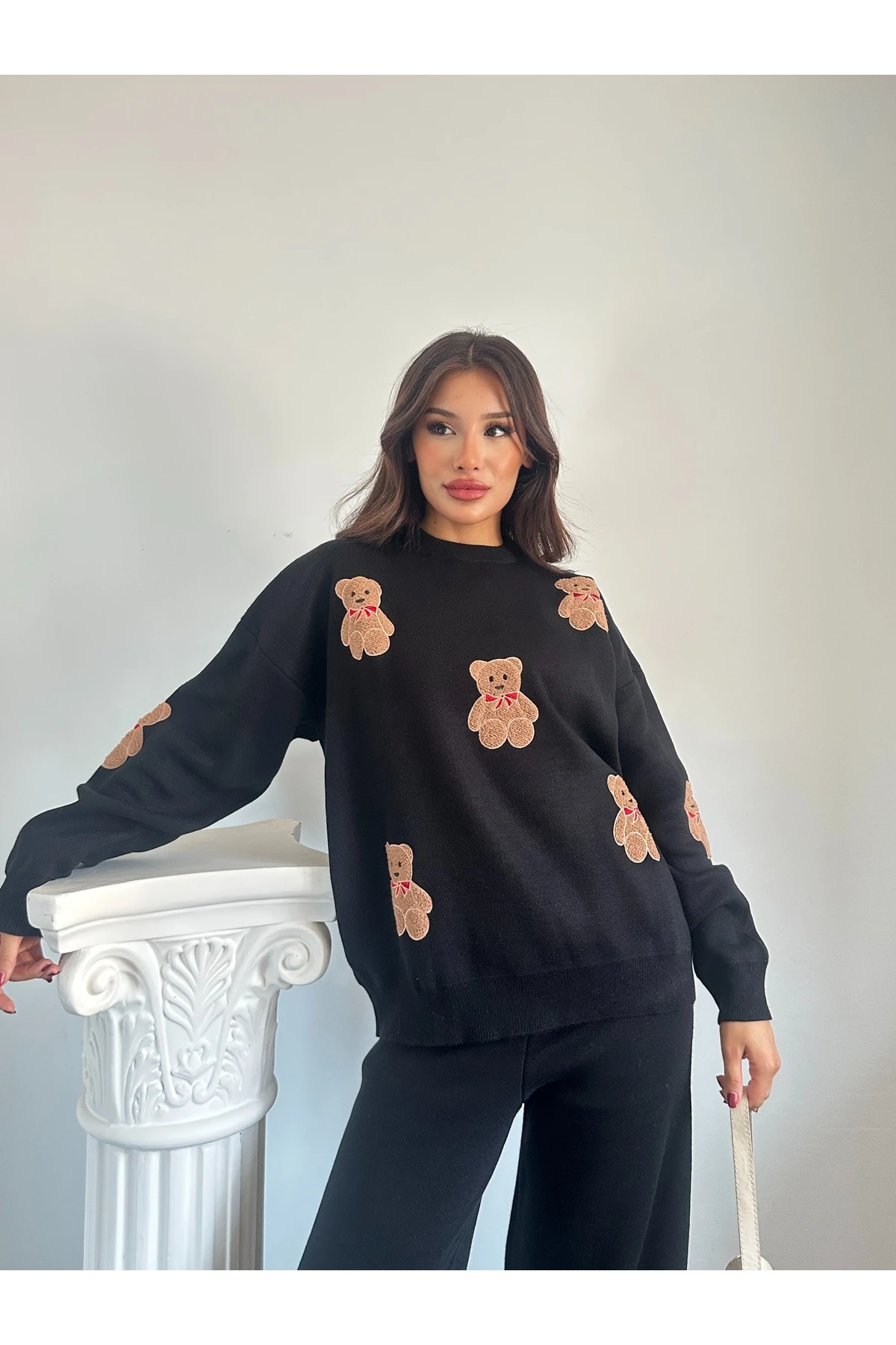 Ayıcıklı Triko Takım - Siyah