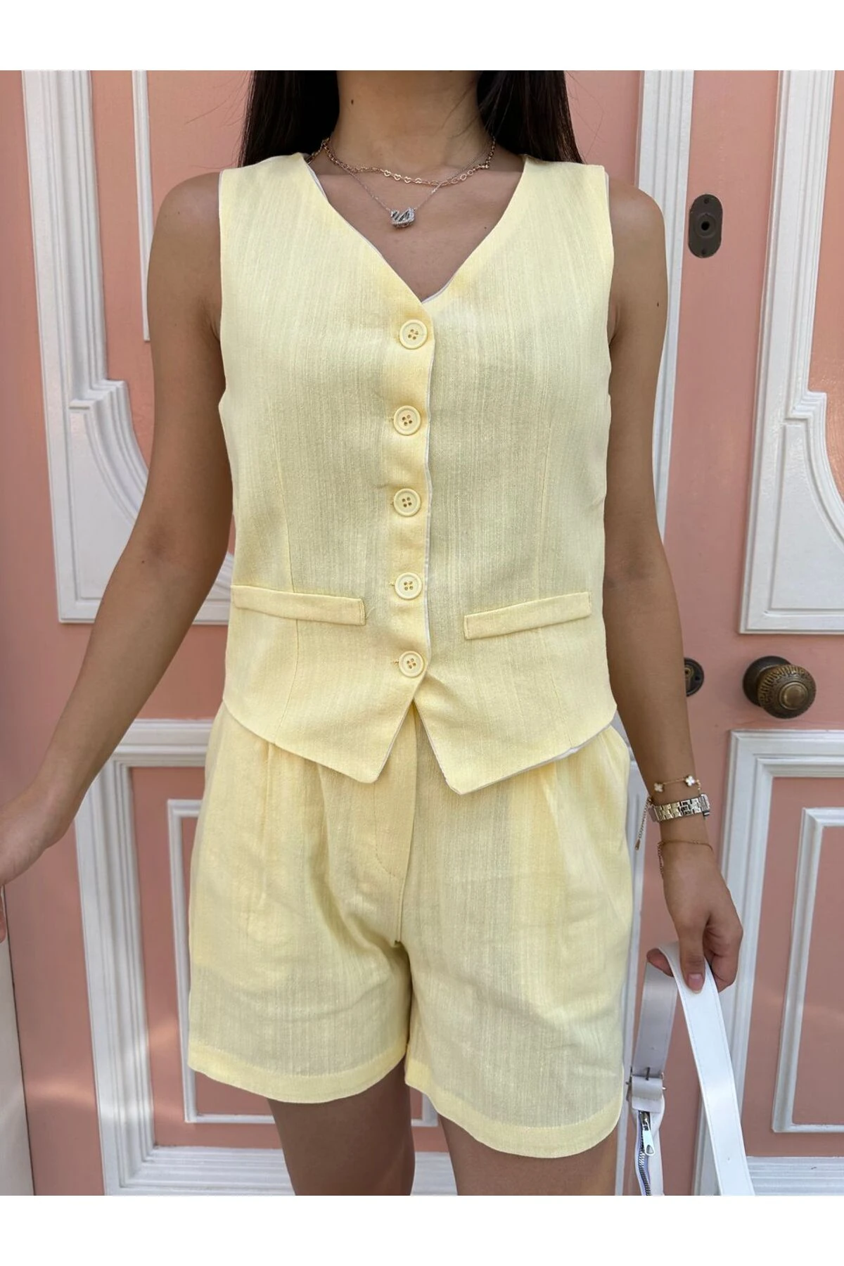 Keten Şortlu Takım - Sarı