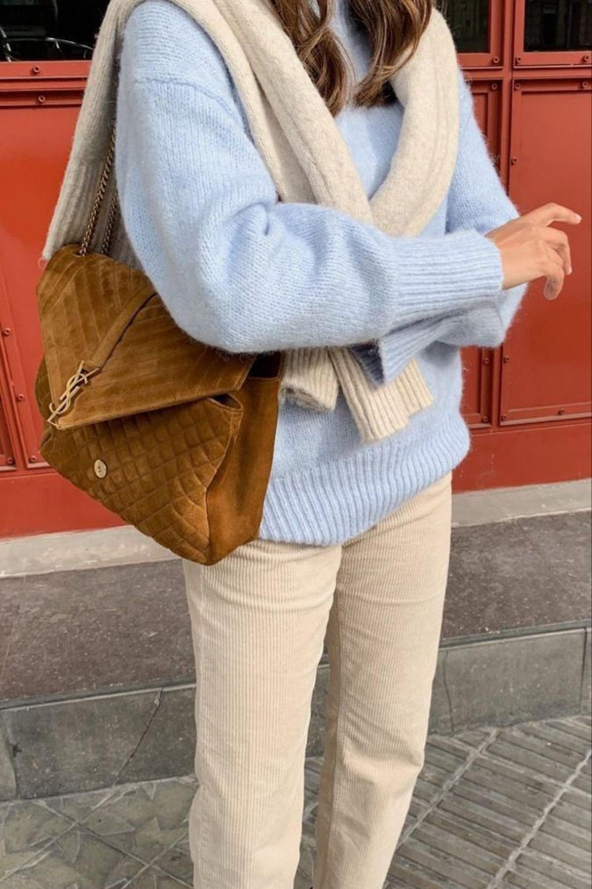 Antrasit Bisiklet Yaka Oversize Triko Kazak - Mavi