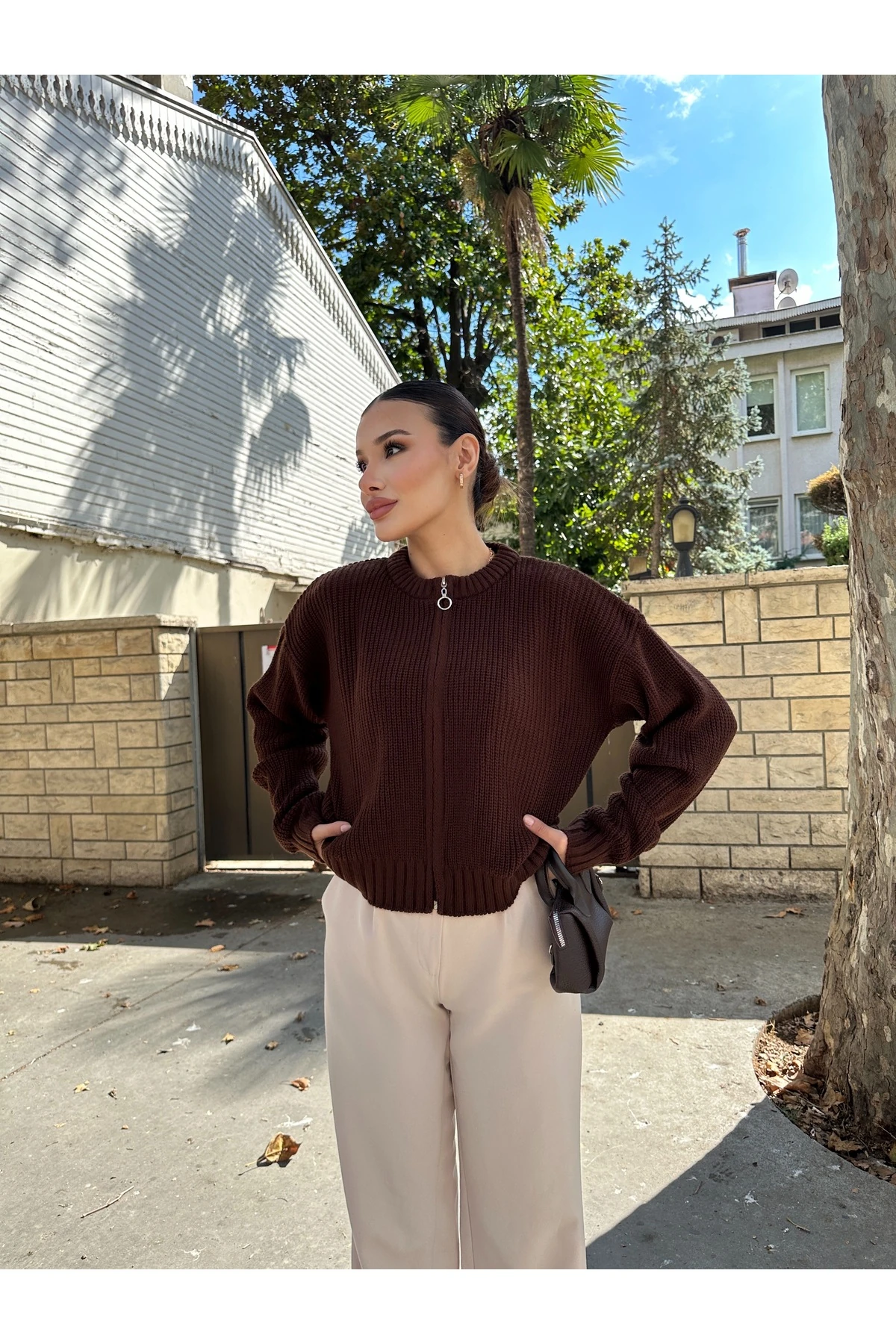 Kadın Fermuarlı Triko Hırka - Kahverengi
