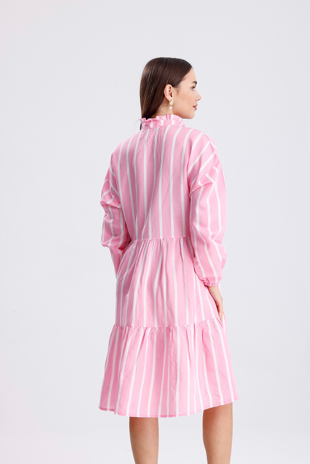 Bağcık Detaylı Çizgili Elbise - Pembe
