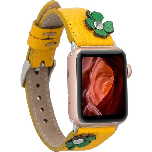 PLM Apple Watch Deri Kordon Clover 42-44MM Ince Ferro Troklu FL12 Sarı