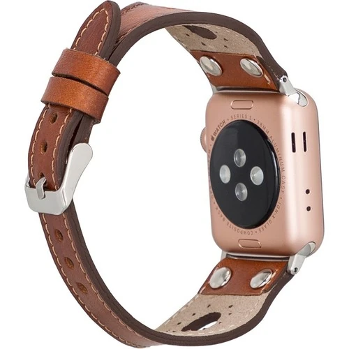 PLM Apple Watch Deri Kordon Ronda 38-40MM Ince Silver Troklu RST2EF Taba