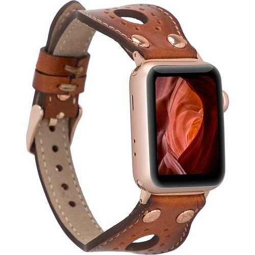 PLM Apple Watch Deri Kordon Ronda 38-40MM Ince Rose Gold Troklu RST2EF Taba