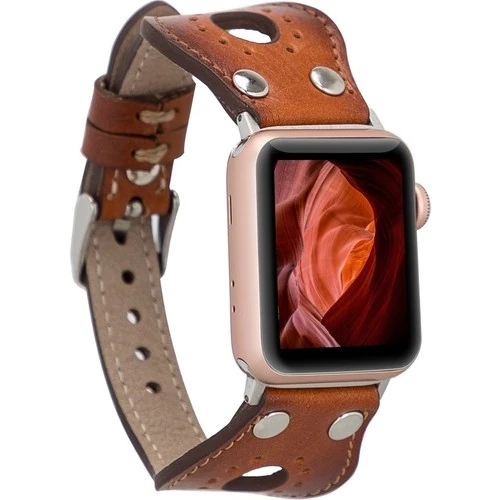 PLM Apple Watch Deri Kordon Ronda 38-40MM Ince Silver Troklu RST2EF Taba