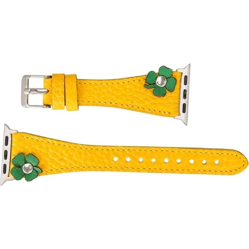 PLM Apple Watch Deri Kordon Clover 42-44MM Ince Ferro Troklu FL12 Sarı