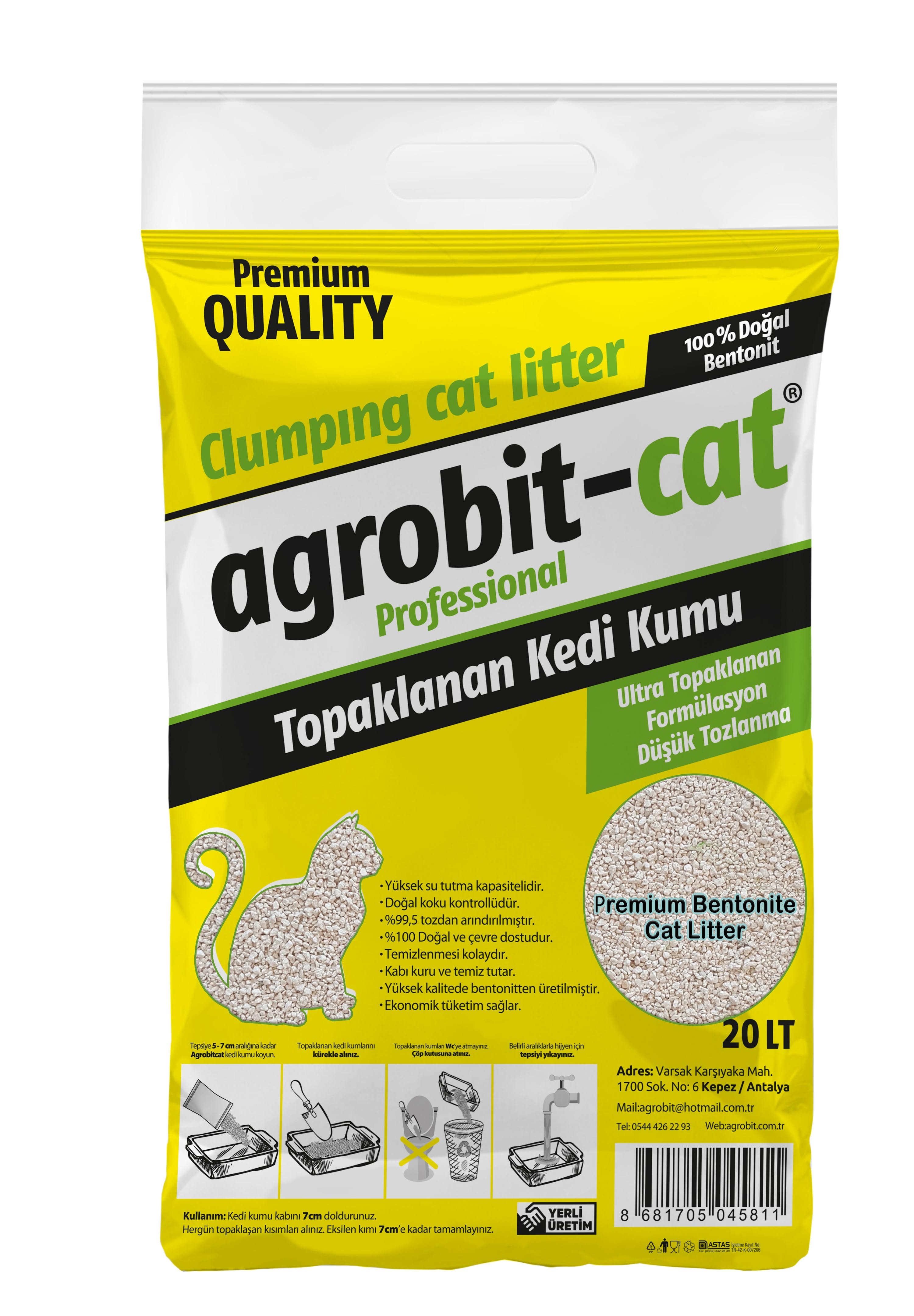 Agrobit Cat Kokusuz Kedi Kumu Doğal Bentonit İnce Taneli 20 Lt Çuval 