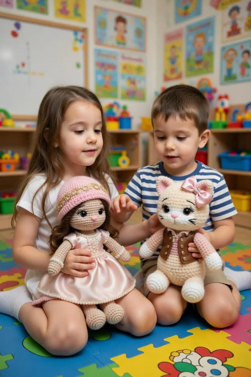 Kız ve erkek çoçuk pahalı amigurumi oyuncaklar ile oynuyorlar