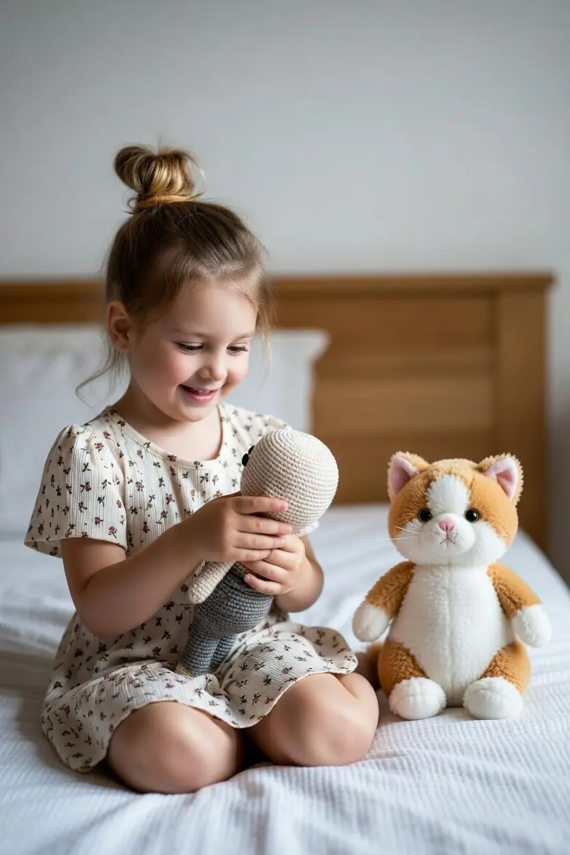 Amigurumi bebek ile oynayan kız çoçuğu