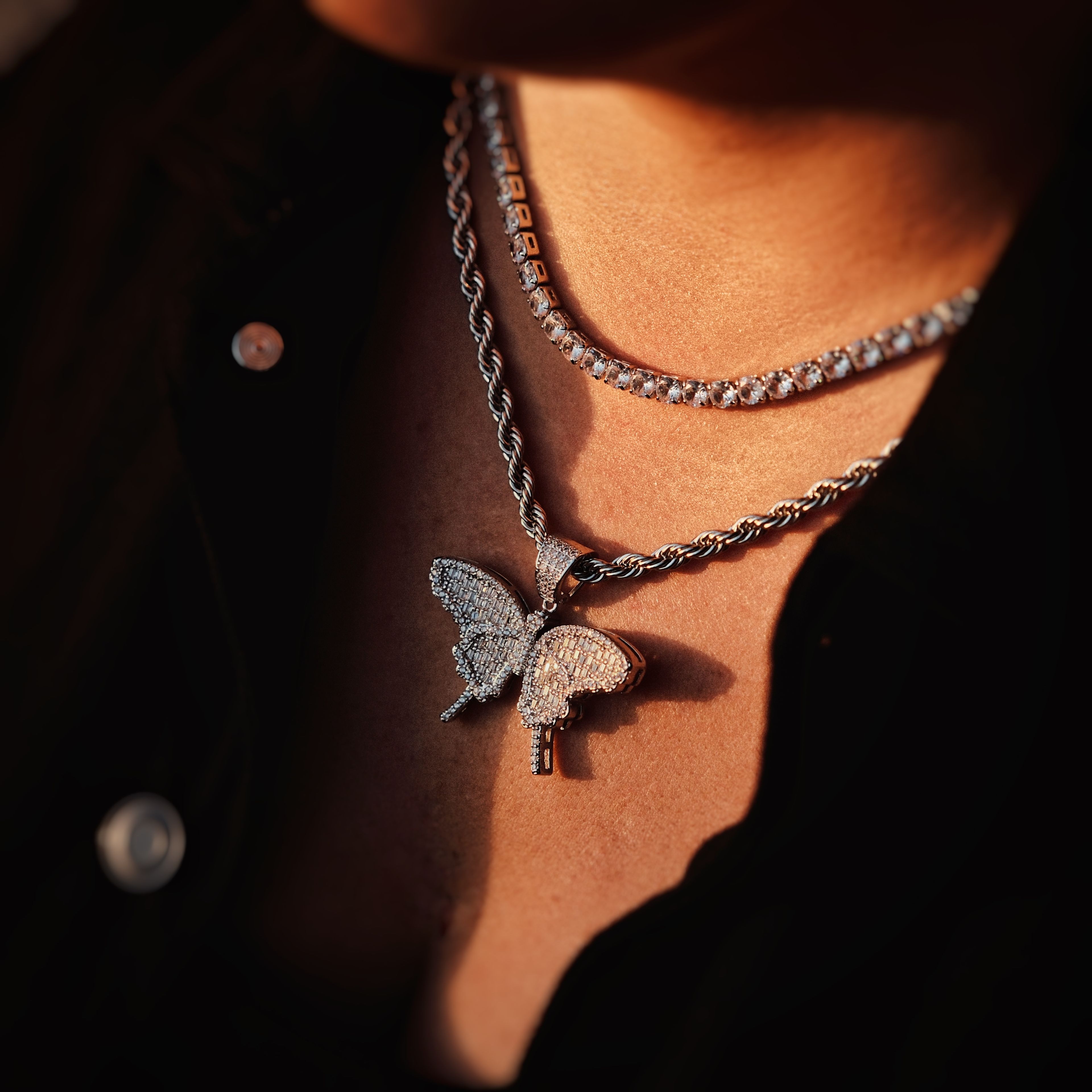 Iced Out Baguette Butterfly Pendant Kolye Ucu