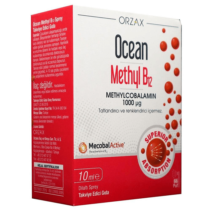 Orzax Ocean Methyl B12 Methylcobalamin 1000 Mcg Takviye Edici Gıda Oral Sprey 10 ml