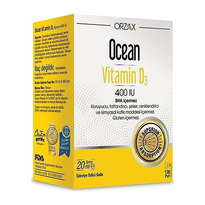 Orzax Ocean Vitamin D3 400 IU Takviye Edici Gıda Oral Sprey 20 ML