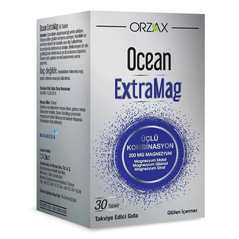 Orzax Ocean ExtraMag Üçlü Magnezyum Kombinasyonu Takviye Edici Gıda 30 Tablet